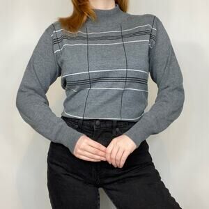 Vintage Y2K Dressbarn Large Gray & White Plaid Stripe Mockneck Sweater